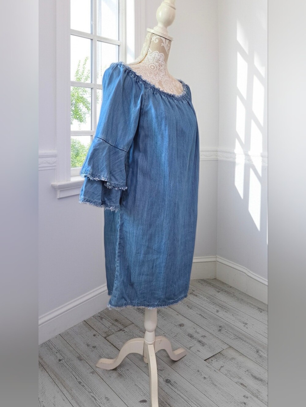 Boston Proper Chambray Off Shoulder Dress With Tiered Sleeves Size M